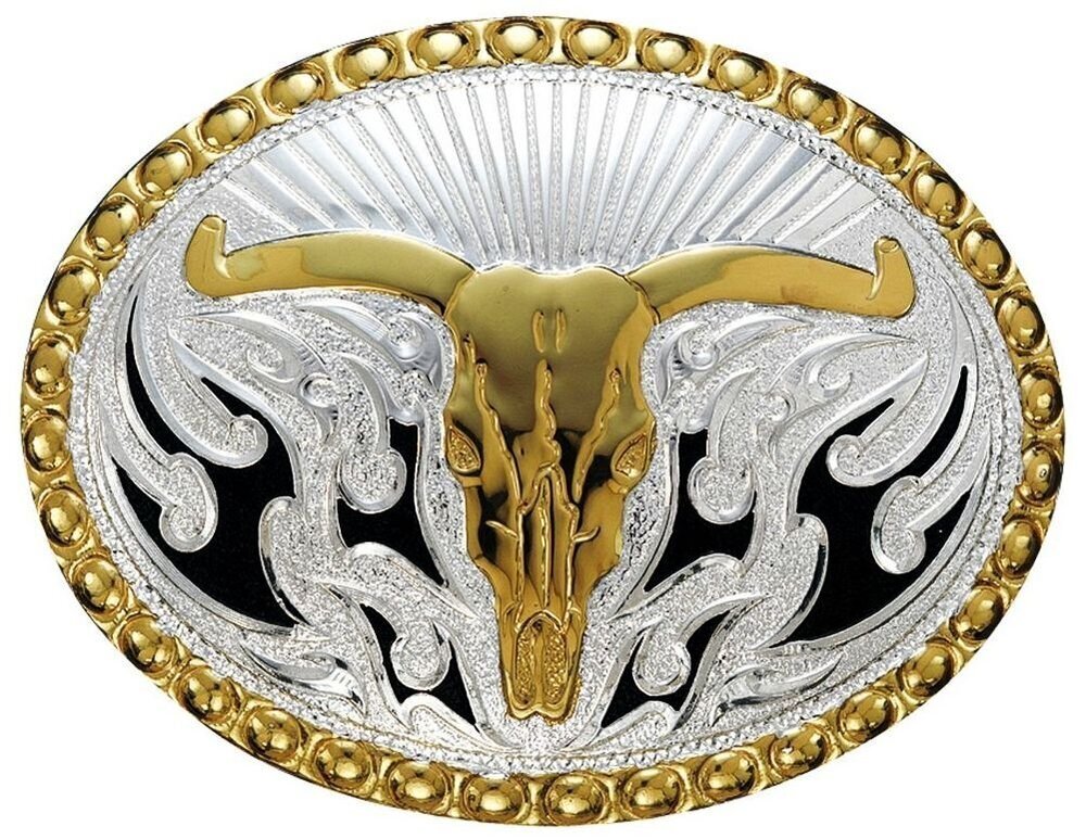 4664 Crumine Inlay Lonhorn Skull Buckle - Silver Gold Plated - 2.75 X 3.75